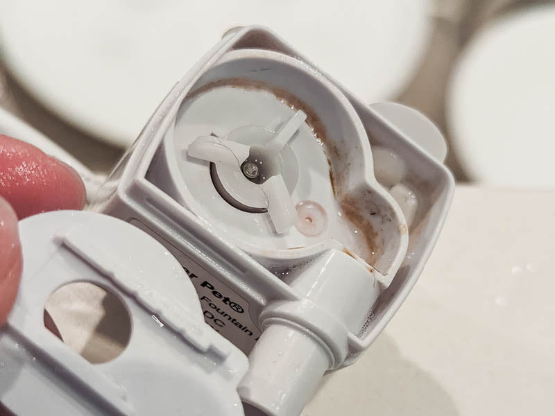 A pet fountain pump with inner cover removed, showing the rotor.